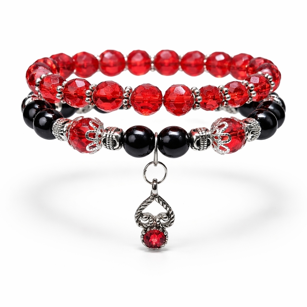 Elegant Red and Black Beaded Stack Bracelet Set